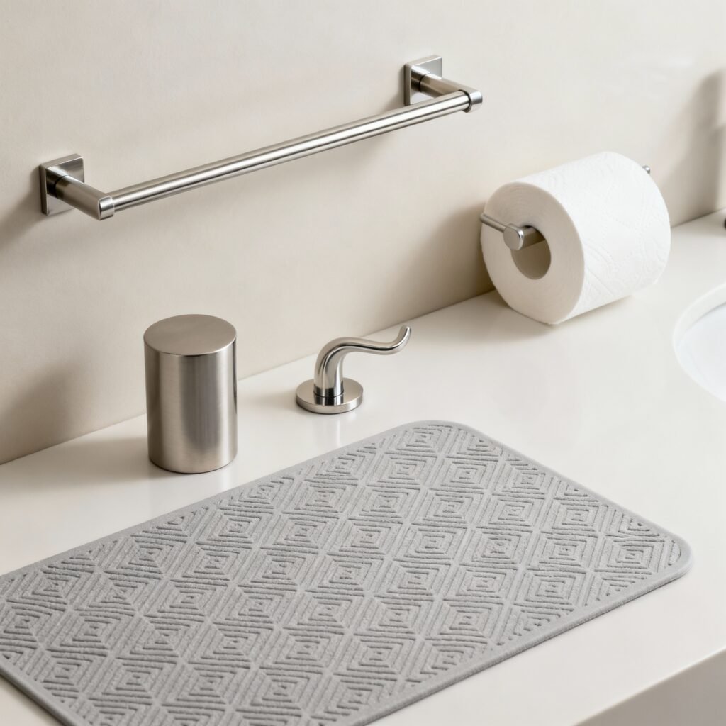 Modern bathroom hardware: towel rack, stylish toilet paper holder, robe hook, and non-slip bath mat