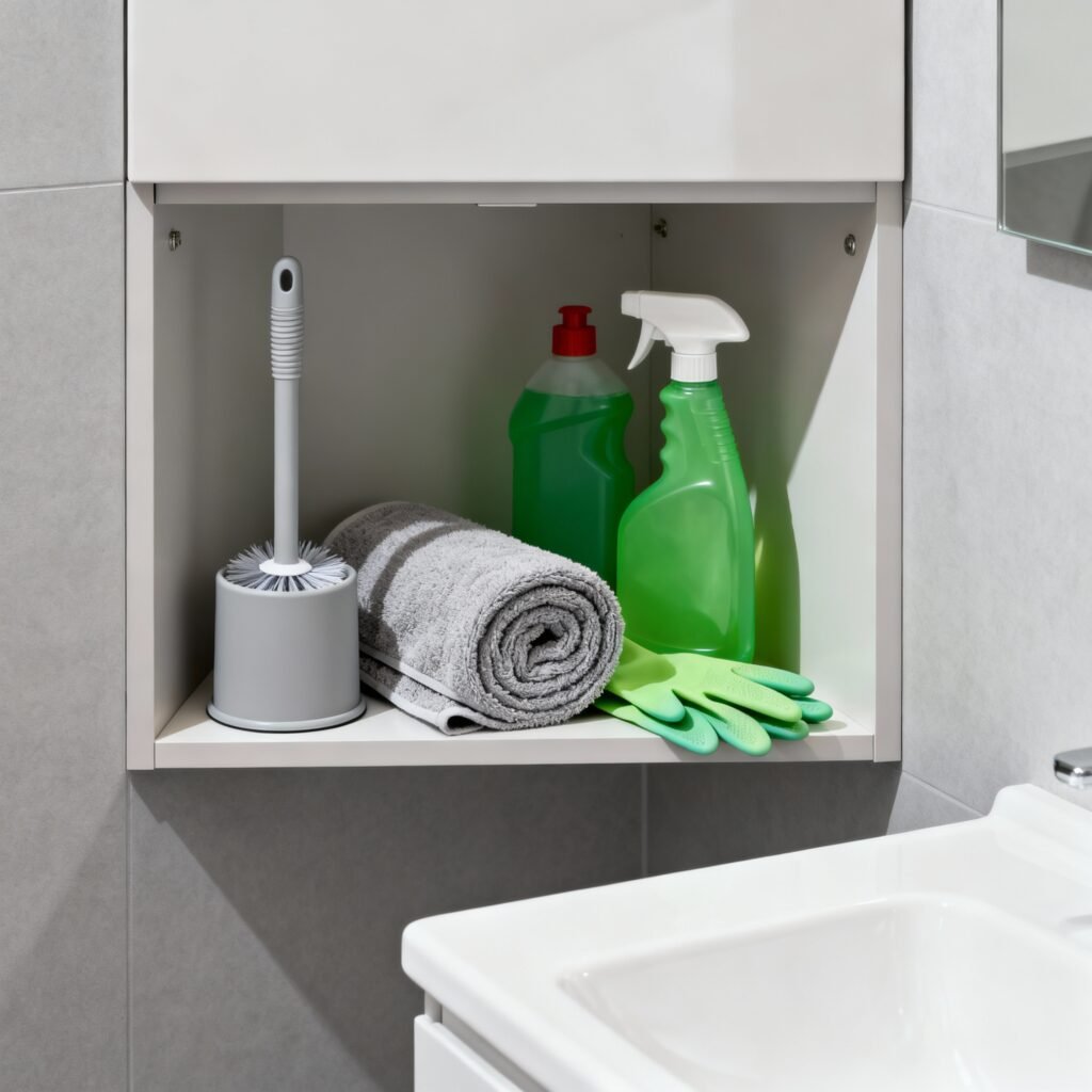 Modern bathroom with cleaning tools like closed toilet brush, green cleaner bottles, microfiber towel, and rubber gloves neatly arranged