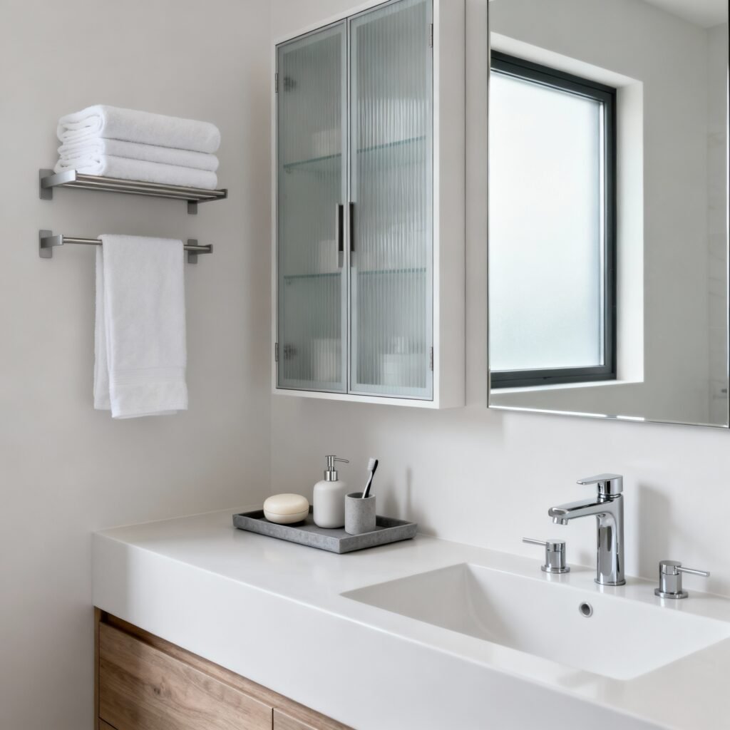 Modern bathroom with wall-mounted racks, slim storage cabinets, and organized vanity tray