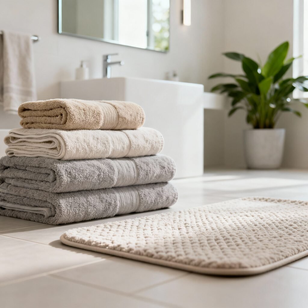 Stack of plush Turkish cotton towels and a soft bath mat in a calm, modern bathroom setting