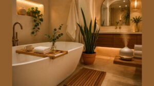 Spa-style bathroom featuring a wooden teak bath caddy, plush waffle towels, warm dim ambient lighting, and green indoor plants.
