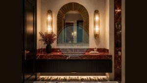 Luxury Art Deco bathroom vanity featuring a rich red marble countertop, geometric brass mirror, and fluted glass sconces.