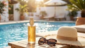 Woman holding a bottle of sunscreen on a beach lounger before using tanning oil