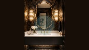Glam powder room styled with gold damask wallpaper, a marble vanity, crystal wall sconces, and a polished brass mirror.
