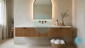 Organic modern bathroom featuring a fluted white oak vanity, travertine soap dispenser, arched backlit mirror, and potted olive branch plant.