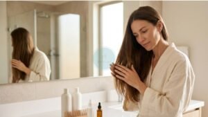 Simple hair care routine for women with shampoo, conditioner, and hair-care essentials