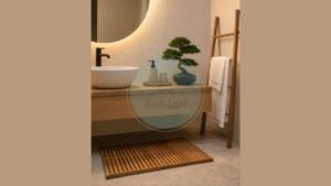 Minimalist Zen bathroom vanity featuring a slatted bamboo bath mat, river stone soap dispenser, and green bonsai plant.