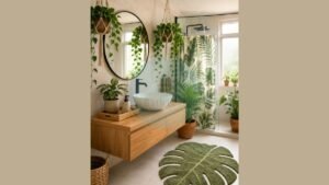Lush tropical bathroom decor featuring hanging pothos plants in macramé holders, a palm leaf shower curtain, and a teak vanity organizer.