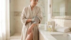 Post shower body care routine with body lotion, body oil, and soft towel